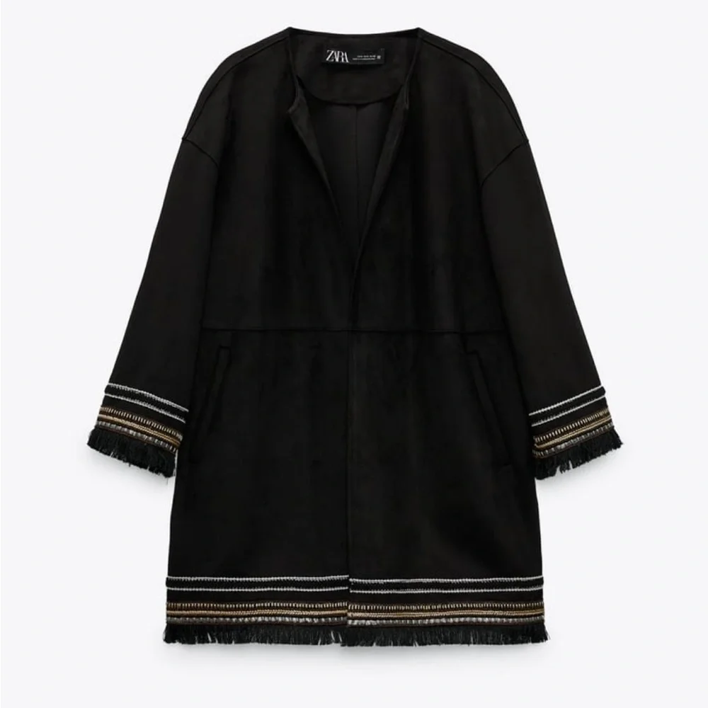 ZARA Combination Faux Suede Embroidered Fringe Hem Jacket Black